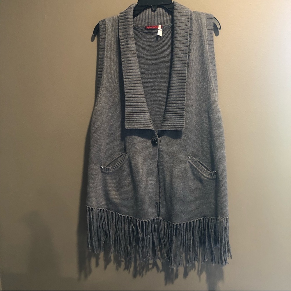 Left on Houston Long Lined Fringed Boho Cardigan Vest Wool Blend Size Medium